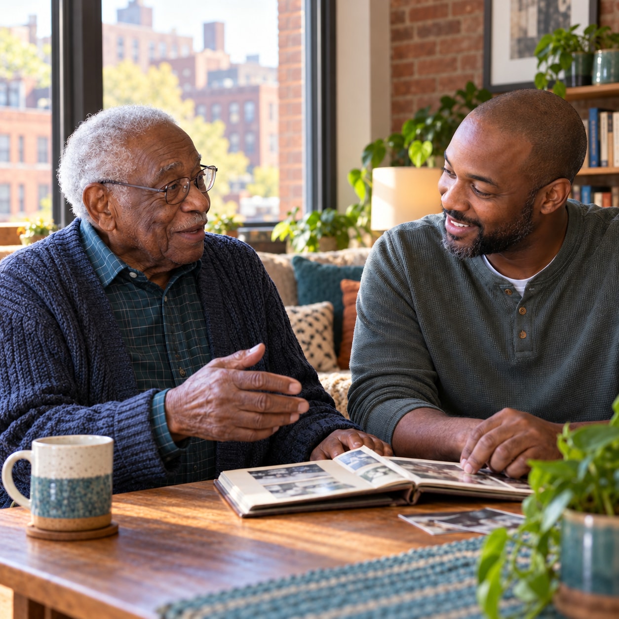 Illustrative scene of two men sharing a photo album in a comfortable city apartment